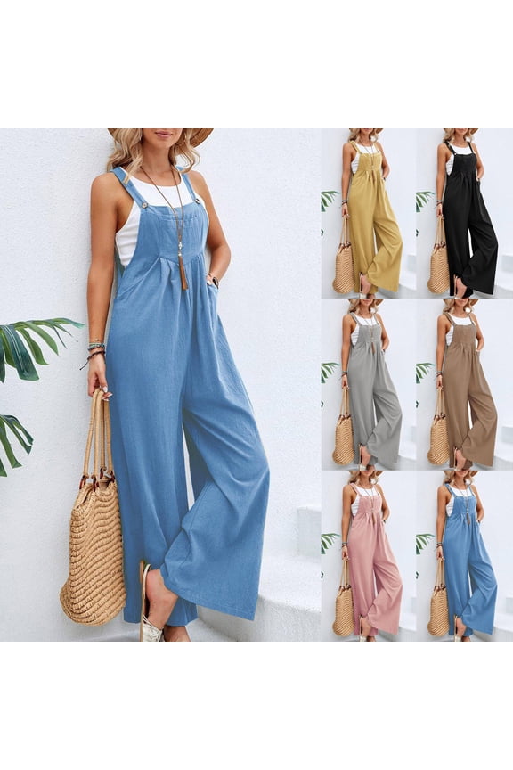 Linen Overalls for Women Barrel Wide Leg Bib Pants Loose Adjustable Baggy Romper Jumpsuits with Pockets Light Blue,S