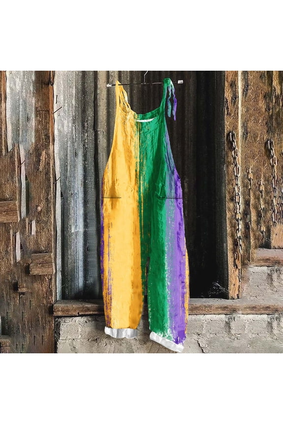 Mardi Gras Mask Printed Jumpsuits for Women Adjustable Strap Holiday Print Romper Plus Size Soft Jumpsuits Holiday Linen Overalls with Pockets