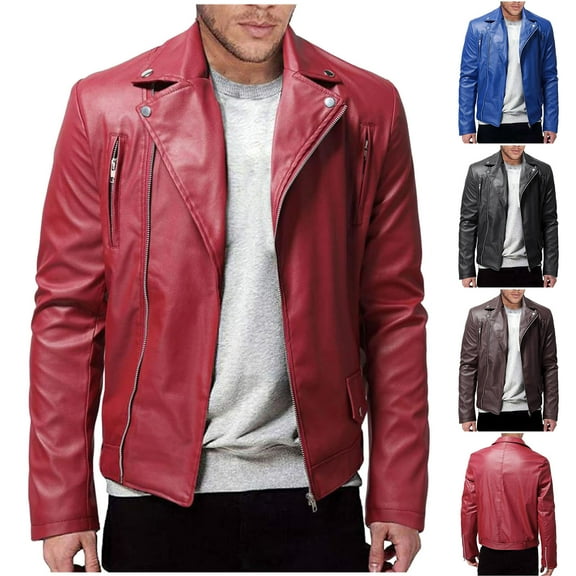 DUMUIELD Men Faux Leather Jacket Full Zip Up Collar PU Leather Motorcycle Jacket Plus Size Bomber Coat Outwear with Pockets Black,L