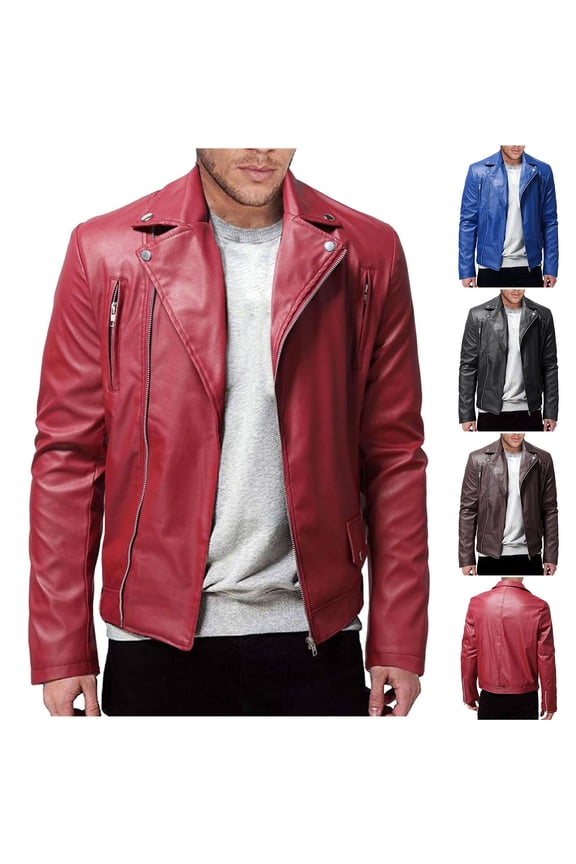 Men Faux Leather Jacket Full Zip Up Collar PU Leather Motorcycle Jacket Plus Size Bomber Coat Outwear with Pockets Black,L