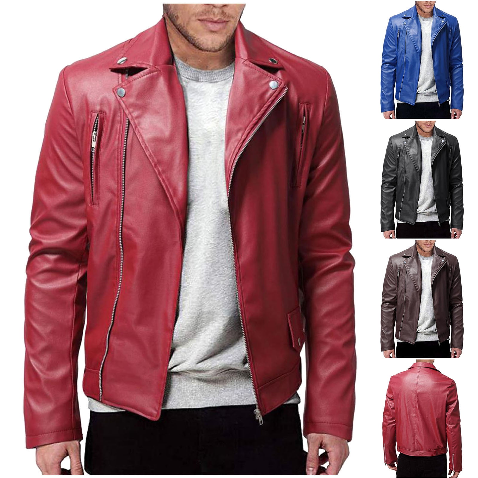 DUMUIELD Men Faux Leather Jacket Full Zip Up Collar PU Leather Motorcycle Jacket Plus Size Bomber Coat Outwear with Pockets Red,S