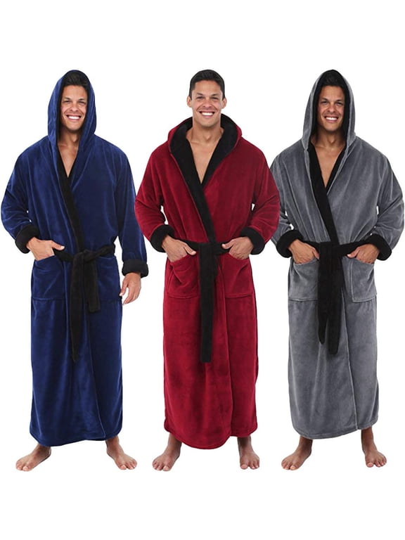 Men's Bathrobes with Hood, Soft Long Towel Robe for Men Big and Tall Absorbent Quick Dry Fleece Bathrobe Cozy Warm Spa Housecoat Red,L