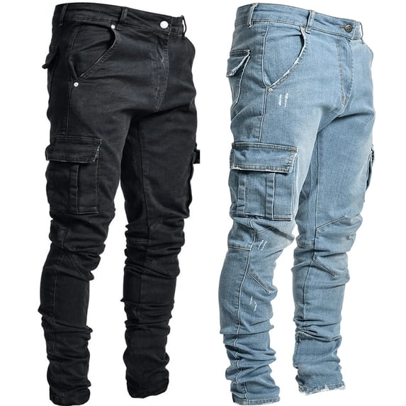 DUMUIELD Men's Cargo Jeans Vintage Trendy Stretch Distressed Jean Pants Slim Fitted Casual Ripstop Denim Pants with Multi Pockets Black,M