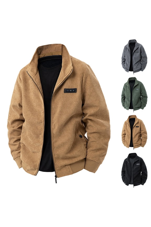 Men's Corduroy Jacket Thick Thermal Warm Sherpa Fleece Lined Winter Coat Zip Up Trucker Cargo Coat for Men Khaki,M