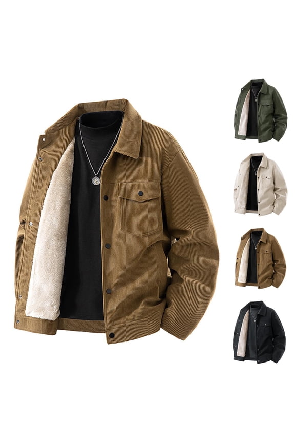 Men's Corduroy Jacket Winter Sherpa Lined Warm Thick Trucker Cargo Coat Lapel Casual Soft Work Jackets with Pockets Beige,L