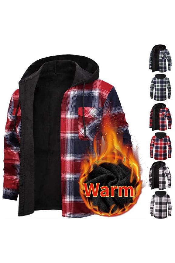 Men's Flannel Plaid Shirts Jacket Thermal Warm Sherpa Lined Fleece Coat Long Sleeve Button Down Jackets with Hood Gray,XXXL