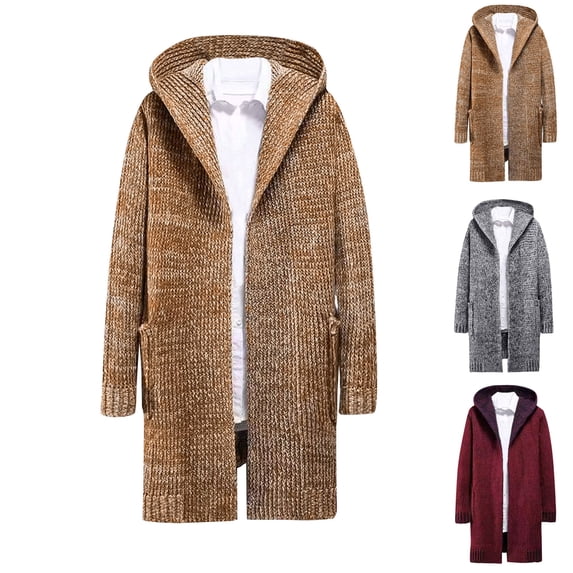 DUMUIELD Men's Long Cardigan Sweater with Hood Open Front Casual Knitted Sweaters Fall Winter Thermal Cardigans with Pockets Wine,L