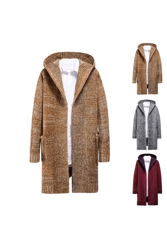 Men's Long Cardigan Sweater with Hood Open Front Casual Knitted Sweaters Fall Winter Thermal Cardigans with Pockets Wine,L