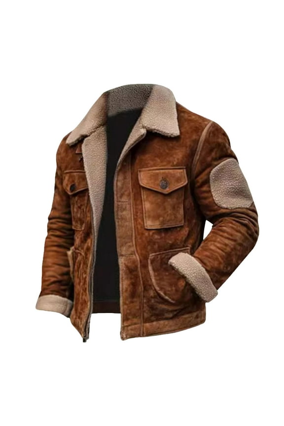 Men's Retro Western Winter Fleece Jacket Thick Sherpa Lined Trucker Work Utility Cargo Jackets Plush Collar Cowboy Coats Coffee,S