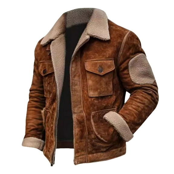 DUMUIELD Men's Retro Western Winter Fleece Jacket Thick Sherpa Lined Trucker Work Utility Cargo Jackets Plush Collar Cowboy Coats Coffee,XXL