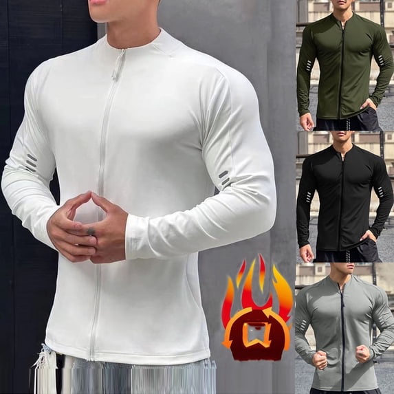 DUMUIELD Men's Thermal Compression Shirt Fleece Lined Long Sleeve Athletic Warm Base Layer Zip-Up Running Casual Workout Top White,XL