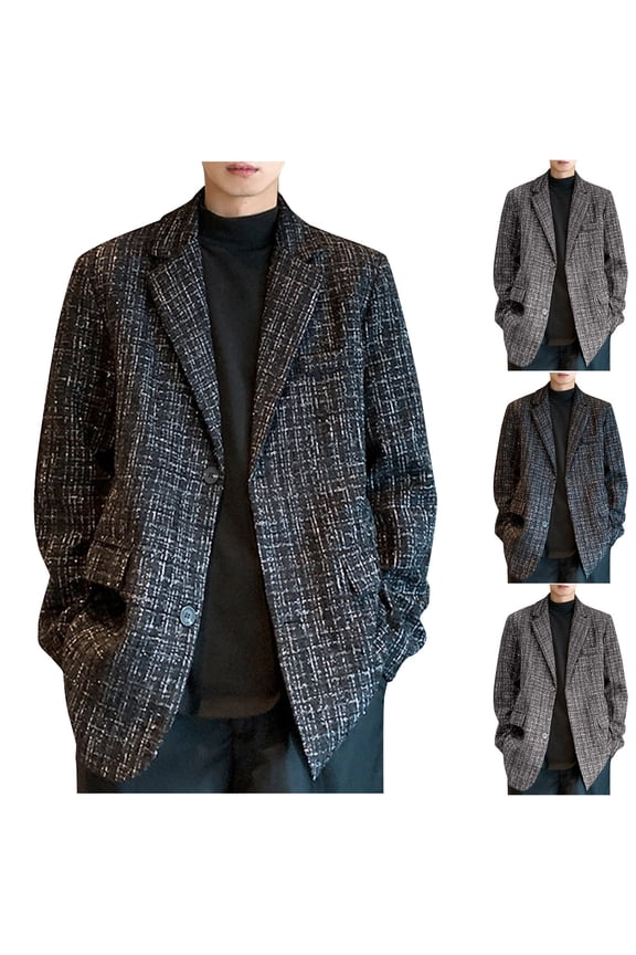 Men's Tweed Blazer Suit Jacket Loose Vintage Trench Coat 2 Buttons Stretch Casual Sports Coat Blazers Black,M