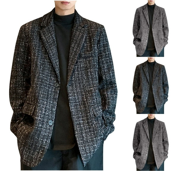 DUMUIELD Men's Tweed Blazer Suit Jacket Loose Vintage Trench Coat 2 Buttons Stretch Casual Sports Coat Blazers Gray,XXXL