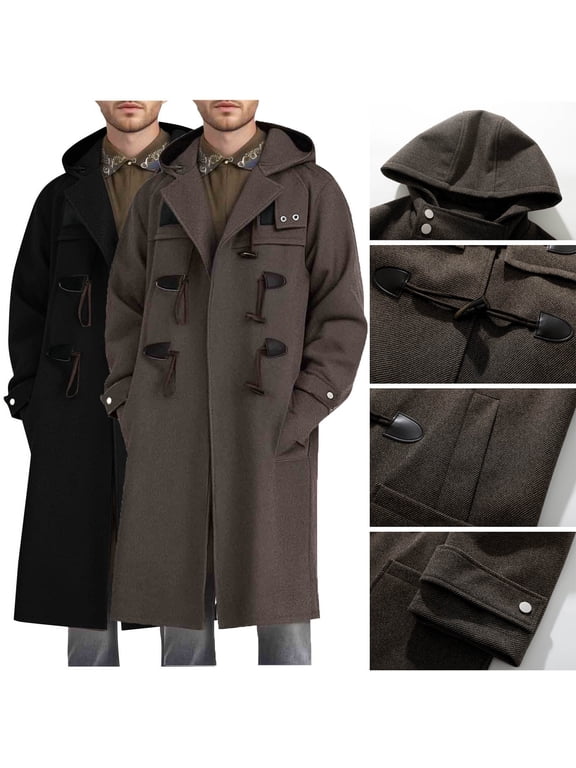 DUMUIELD Men's Wool Blend Single Breasted Long Trench Coat Classic Toggle Duffle Hooded Overcoat Fashion Pea Coat with Pockets Black,XL