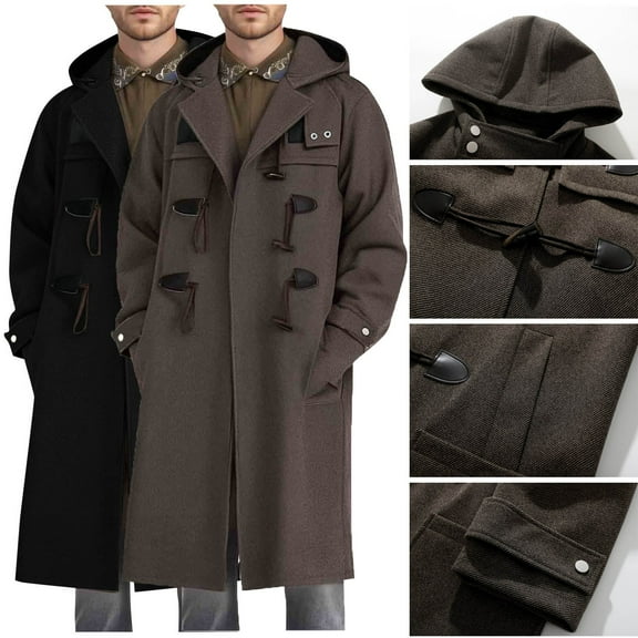 DUMUIELD Men's Wool Blend Single Breasted Long Trench Coat Classic Toggle Duffle Hooded Overcoat Fashion Pea Coat with Pockets Coffee,XL