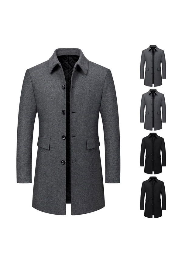 Men's Wool Trench Coat Fall Winter Classic Notched Collar Single Breasted Long Pea Coats Stylish Business Casual Overcoat Black,XXXL