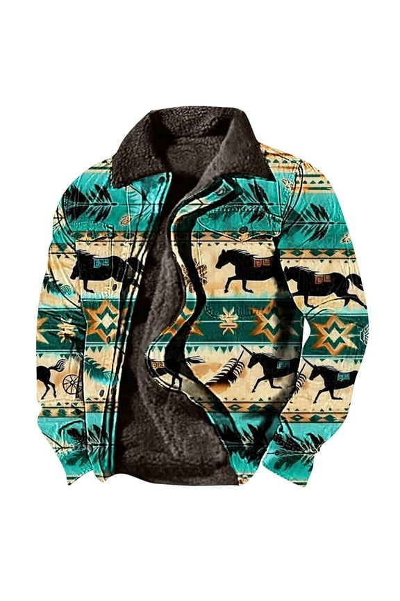 Mens Aztec Fleece Jackets Fuzzy Sherpa Lined Sweatshirts Winter Coats Western Vintage Warm Casual Trucker Cargo Jacket Sky Blue,L