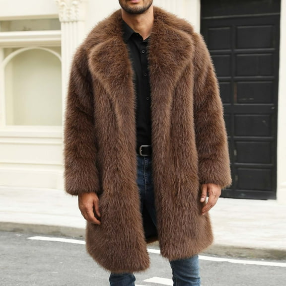 DUMUIELD Mens Luxury Faux Fur Jacket Fluffy Furry Coats Lapel Collar Long Sleeve Outerwear Thicken Winter Warm Cardigans Brown,M