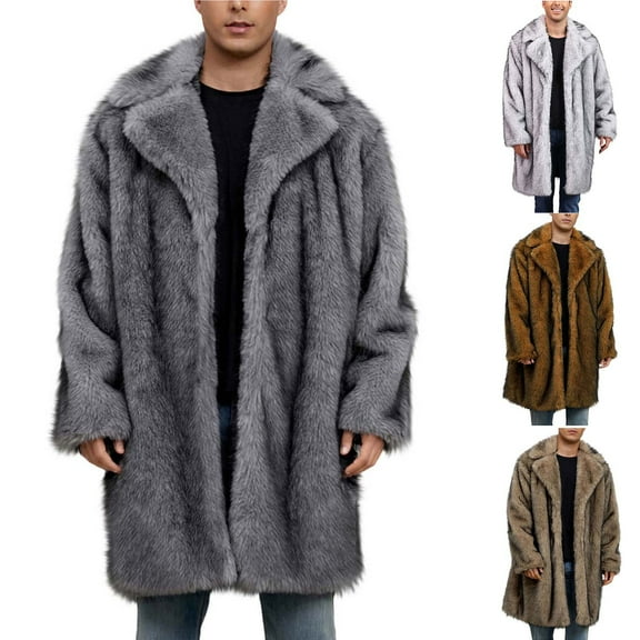 DUMUIELD Mens Luxury Faux Fur Jacket Long Fluffy Furry Coats Lapel Collar Long Sleeve Outerwear Winter Warm Cardigans Brown,XL