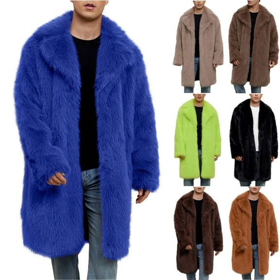 DUMUIELD Mens Luxury Faux Fur Jacket Long Fluffy Furry Coats Lapel Collar Winter Warm Cardigans Long Sleeve Outerwear Khaki,M