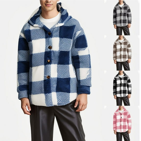 DUMUIELD Mens Plaid Fleece Jacket Fuzzy Sherpa Button Down Hoodies Warm Plush Winter Coat Open Front Casual Soft Thermal Coats Black,XXXL