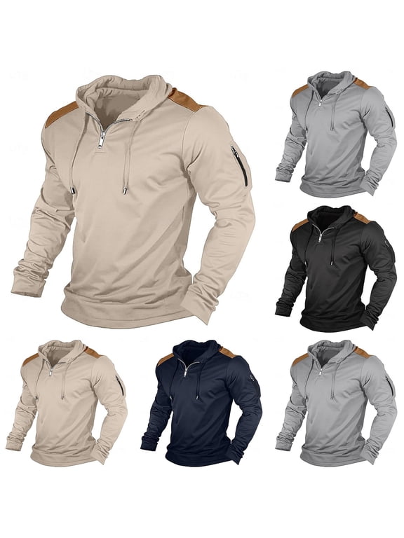 Mens Quarter Zip Pullover Hoodie Long Sleeve Basic Outdoor Hoodies Workout Athletic Sweatshirt with Arm Zipper Beige,L