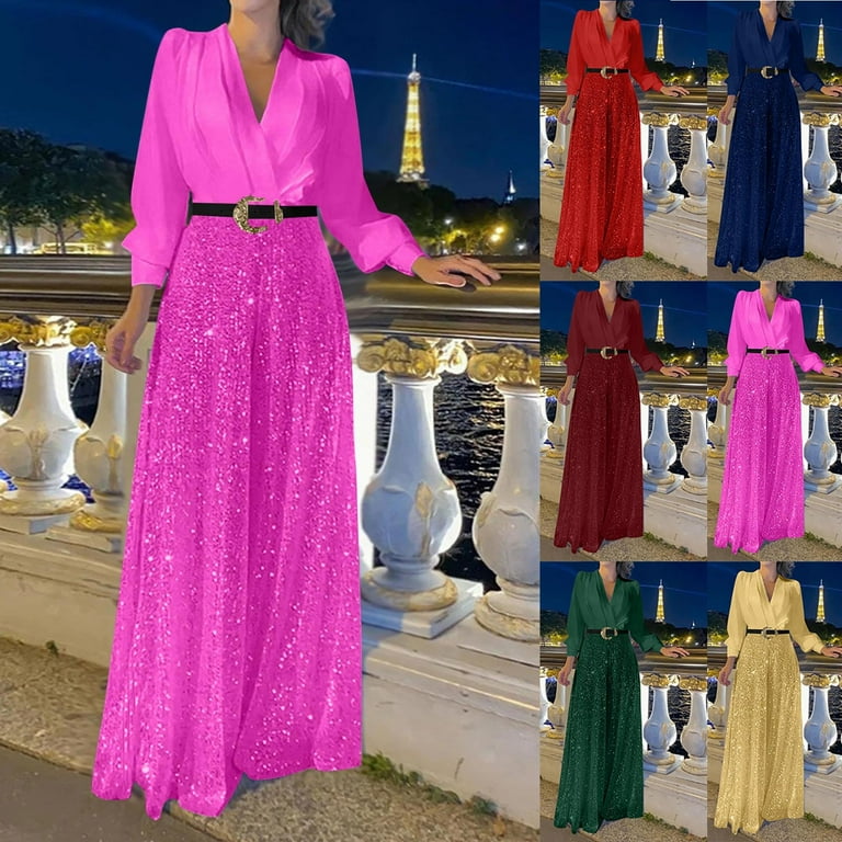 DUMUIELD Sparkly Glitter Jumpsuits for Women Long Sleeve V Neck