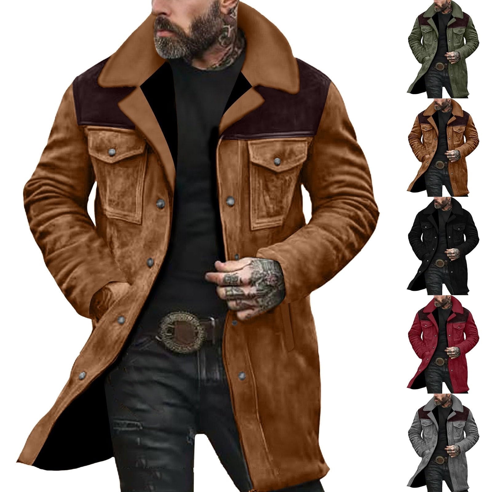 DUMUIELD Western Jackets for Men Vintage Cowboy Suede Jacket Plush Collar Trench Coats Faux Leather Zip Up Casual Winter Tops Wine,L