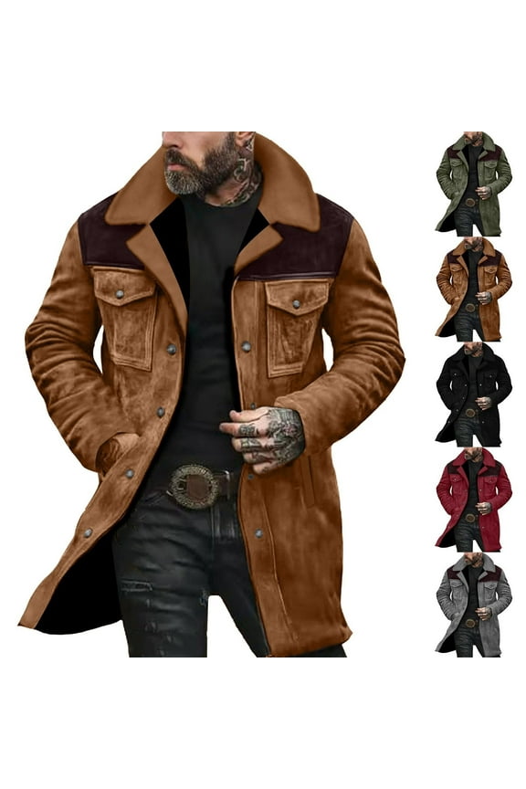 Western Jackets for Men Vintage Cowboy Suede Jacket Plush Collar Trench Coats Faux Leather Zip Up Casual Winter Tops Yellow,M