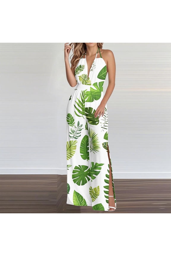 Women Summer Dressy Jumpsuits One Piece Sleeveless Casual Wide Leg Pants Romper Jumper Boho Printed Side Split Outfits White,L