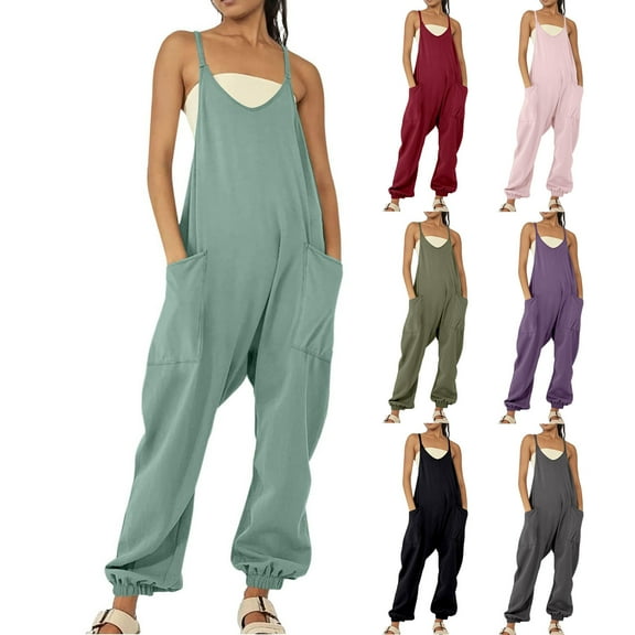 DUMUIELD Women's Casual Loose Overalls Jumpsuits One Piece Sleeveless Spaghetti Strap Wide Leg Long Pant Rompers with Pockets Black,S