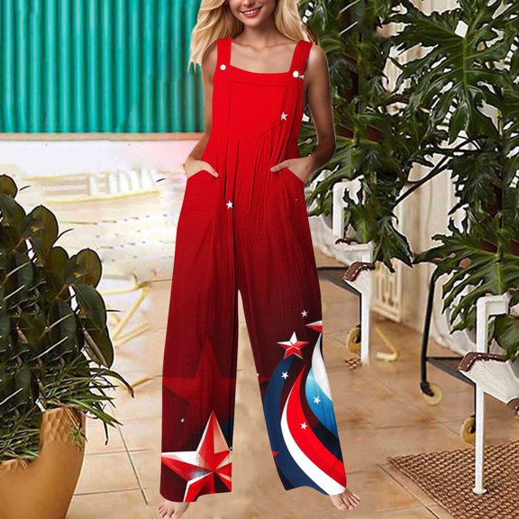 DUMUIELD Women's Casual Loose Overalls Linen Jumpsuits 4th July American Flag One Piece Sleeveless Wide Leg Long Pant Rompers with Pockets Blue,XL