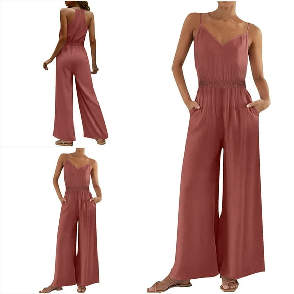 DUMUIELD Women's Causal Jumpsuits V Neck Sleeveless Spaghetti Straps Wide Leg Pants Overalls Stretchy Elastic Waist Romper with Pockets Pink,XXL