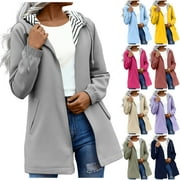 DUMUIELD Women's Long Rain Jacket with Hood Lightweight Striped Lined Outdoor Waterproof Windbreaker Outdoor Jackets with Pockets