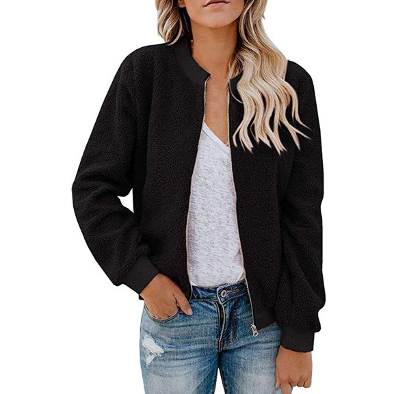 DUMUIELD Women's Sherpa Fleece Jacket Fall Long Sleeve Faux Fuzzy Casual Zip Up Bomber Jackets Winter Coat With Pocket S-XXL