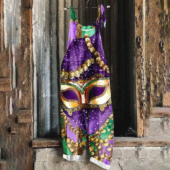 DUMUIELD Women's Sleeveless Casual Jumpsuits Mardi Gras Print Breathable One Piece Wide Leg Pant V Neck Rompers with Pockets