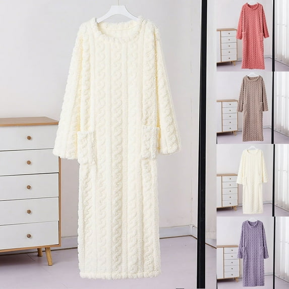 DUMUIELD Women's Spa Robe Fleece Plush House Dress Round Neck Long Robes Housecoat Fluffy Fuzzy Soft Cozy Warm Nightgown with Pockets Coffee,Free Size