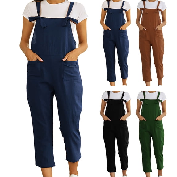 DUMUIELD Women's Summer Boho Casual Jumpsuits Linen Cotton Wide Leg Overalls Solid Color Baggy Rompers with Pockets Green,XXXXL