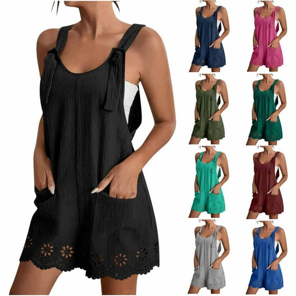 DUMUIELD Women's Summer Casual Rompers Loose Adjustable Short Overalls Linen Jumpsuit Beach Travel Vacation Outfits with Pockets Hot Pink,S