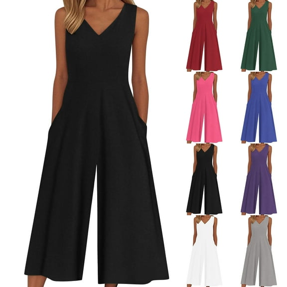 DUMUIELD Women's V Neck Sleeveless Jumpsuits Casual Loose Overalls One Piece Wide Leg Long Pant Rompers with Pockets Hot Pink,L