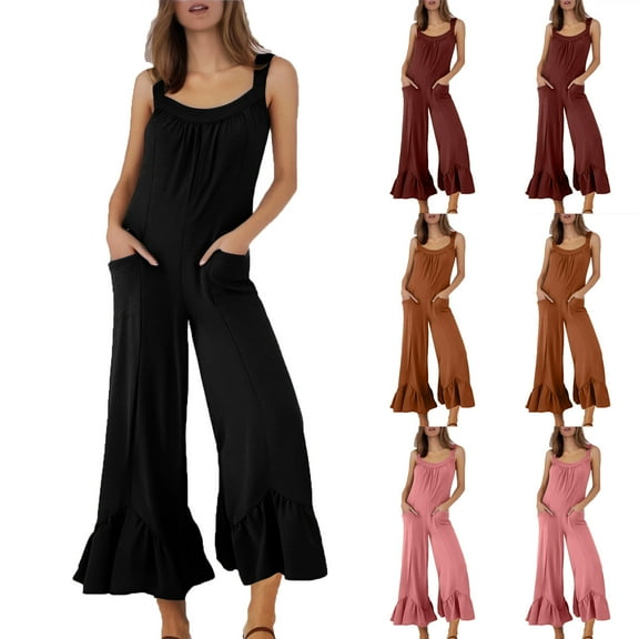 DUMUIELD Women's Wide Leg Ruffle Jumpsuits Open Back Summer Casual One Piece Sleeveless Overalls Boho Long Pants Rompers with Pockets Wine,S