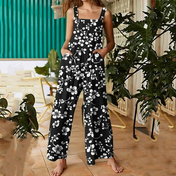 DUMUIELD Womens Casual Jumpsuit Floral Printed Sleeveless Long Wide Leg Pants One Piece Outfits Loose Linen Romper with Pockets Black,M
