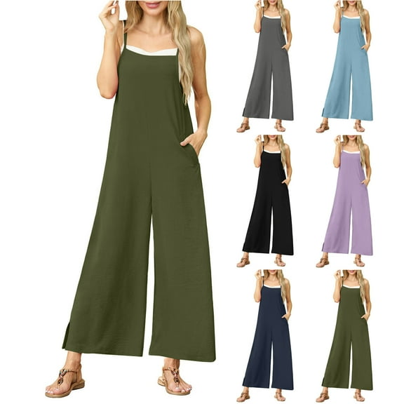 DUMUIELD Womens Casual Loose Jumpsuits Summer Boho Wide Leg Rompers One Piece Sleeveless Overalls Travel Outfits with Pockets Navy,XL