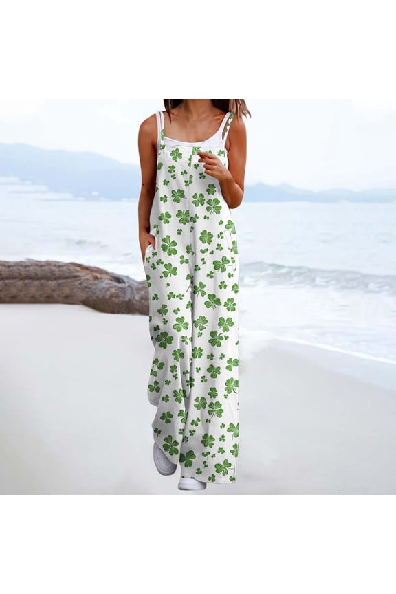 Womens Jumpsuit St Patricks Day Clover Print Sleeveless Wide Leg Overalls Summer Baggy Rompers with Pockets