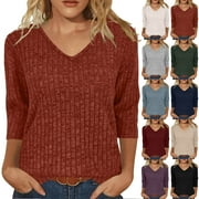DUMUIELD Womens Lightweight Sweaters 3/4 Sleeve V Neck Pullover Fall Sweater Ribbed Knit Loose Fit Comfy Casual Tunic Shirts