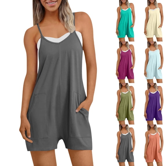 DUMUIELD Womens Rompers Summer Casual Loose Sleeveless Overalls Spaghetti Strap Shorts Jumpsuit 2025 Beach Vacation Jumpers Dark Gray,XL