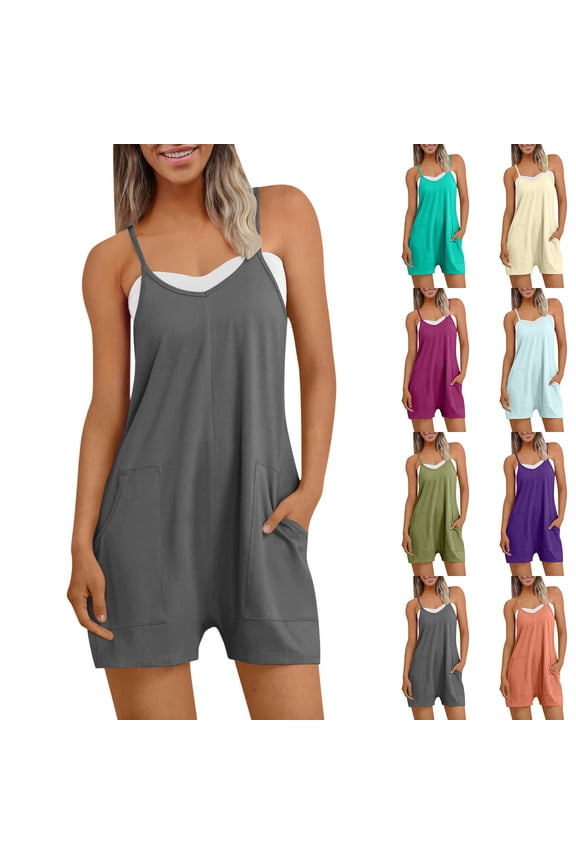 Womens Rompers Summer Casual Loose Sleeveless Overalls Spaghetti Strap Shorts Jumpsuit 2025 Beach Vacation Jumpers Hot Pink,L
