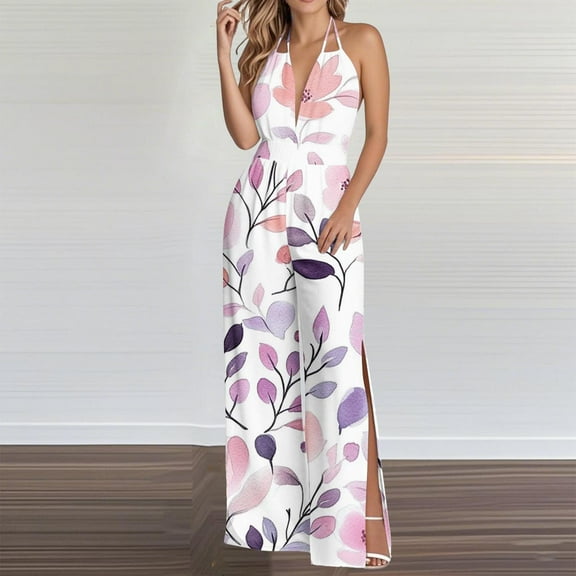 DUMUIELD Womens Summer Sleeveless Halter Jumpsuits Casual Dressy Stretchy Wide Leg Rompers Floral Print Side Split One Piece Outfits White,M