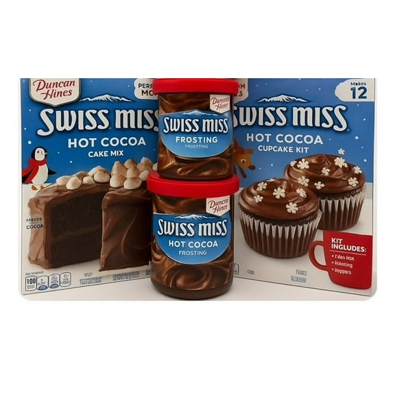 DUNCAN HINES SWISS MISS HOT COCOA BUNDLE: CAKE MIX, CUPCAKE MIX, 2 FROSTINGS , AND A SPATULA