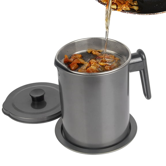 DUNCHATY 1.7L Bacon Grease Container with Fine Mesh Strainer and Lid, Grey Iron Cooking Oil Keeper with Coaster Tray, Deep Frying Grease Catcher Can